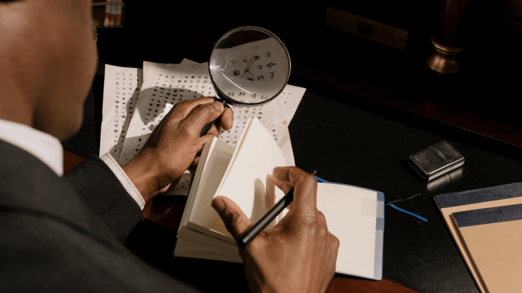 a person in a suit looking through a magnifying glass